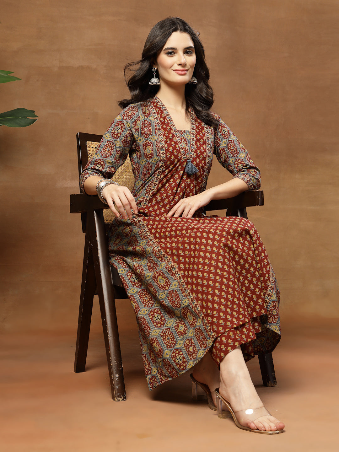 A-Line Printed Cotton V-Neck Kurta Set