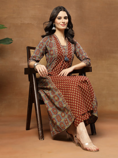 A-Line Printed Cotton V-Neck Kurta Set