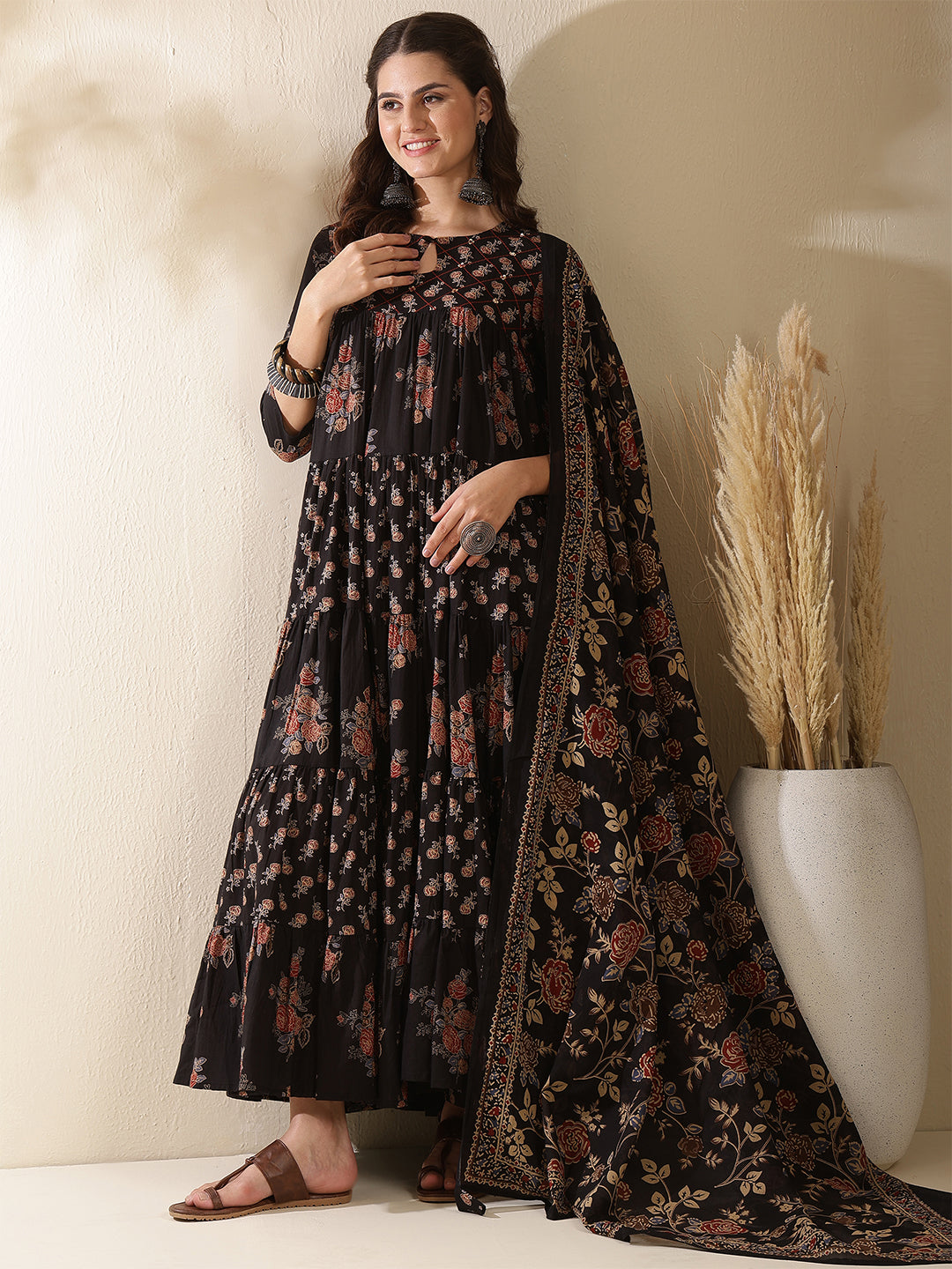 Cotton Calf Length Printed 3/4 Sleeve Key Hole Neck Tired Kurta Bottom With Dupatta