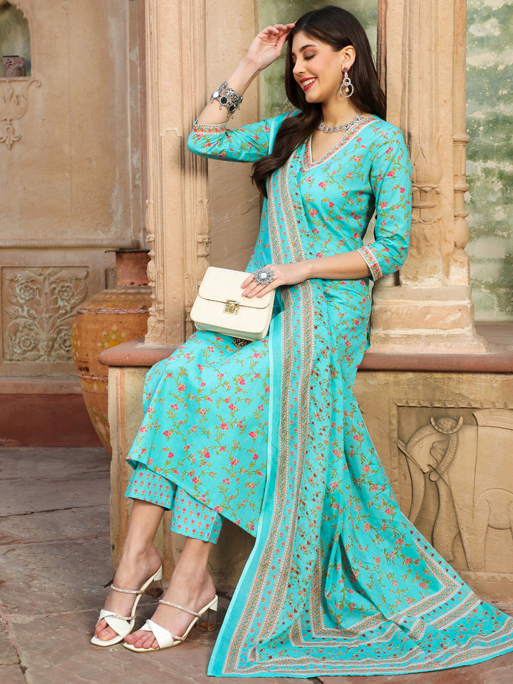 Cotton Calf Length Printed Straight 3/4 Sleeves V-neck Kurta Bottom Dupatta Set