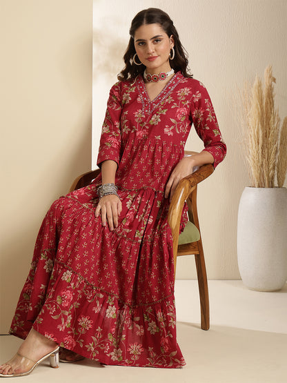 Cotton Calf Length Printed 3/4 Sleeves V-Neck Anarkali Kurta
