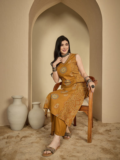 Rayon Calf Length Printed Sleeveless V-Neck A-Line Kurta Suit Set