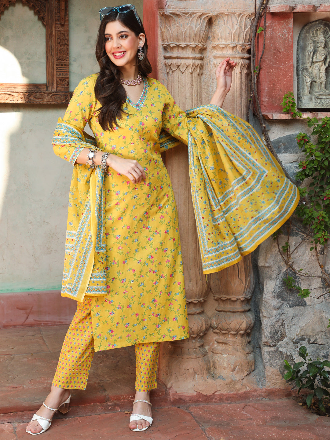 Cotton Calf Length Printed Straight 3/4 Sleeves V-neck Kurta Bottom Dupatta Set (Preorder)