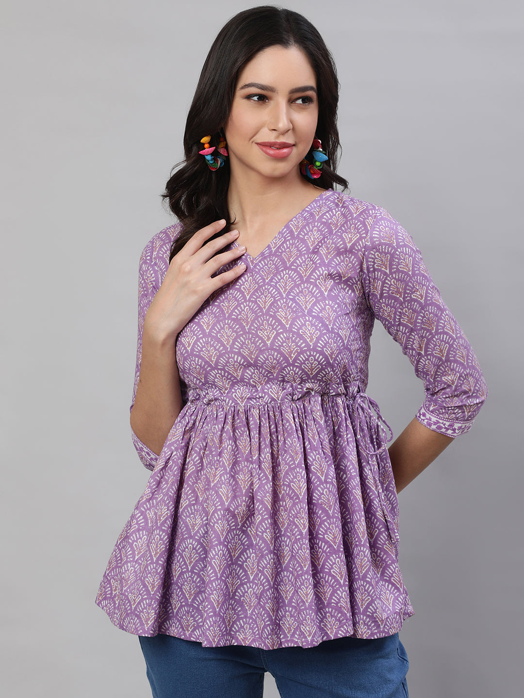 Printed 3/4 Sleeves Regular Pure Cotton  Top