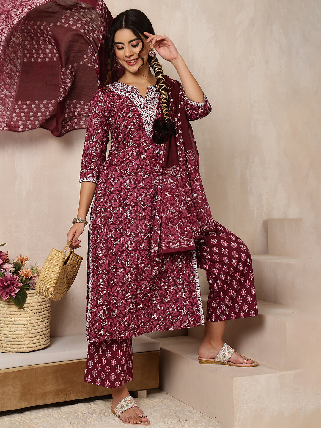 Cotton Calf Length Printed Straight 3/4 Sleeves V-Neck Kurta Bottom Dupatta Set