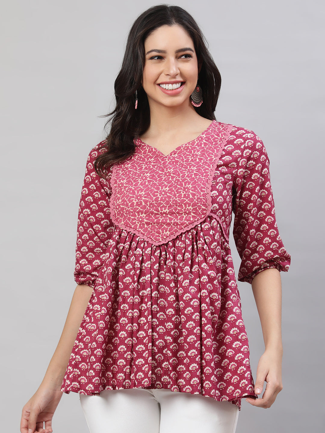 Printed 3/4 Sleeves Regular Pure Cotton  Top