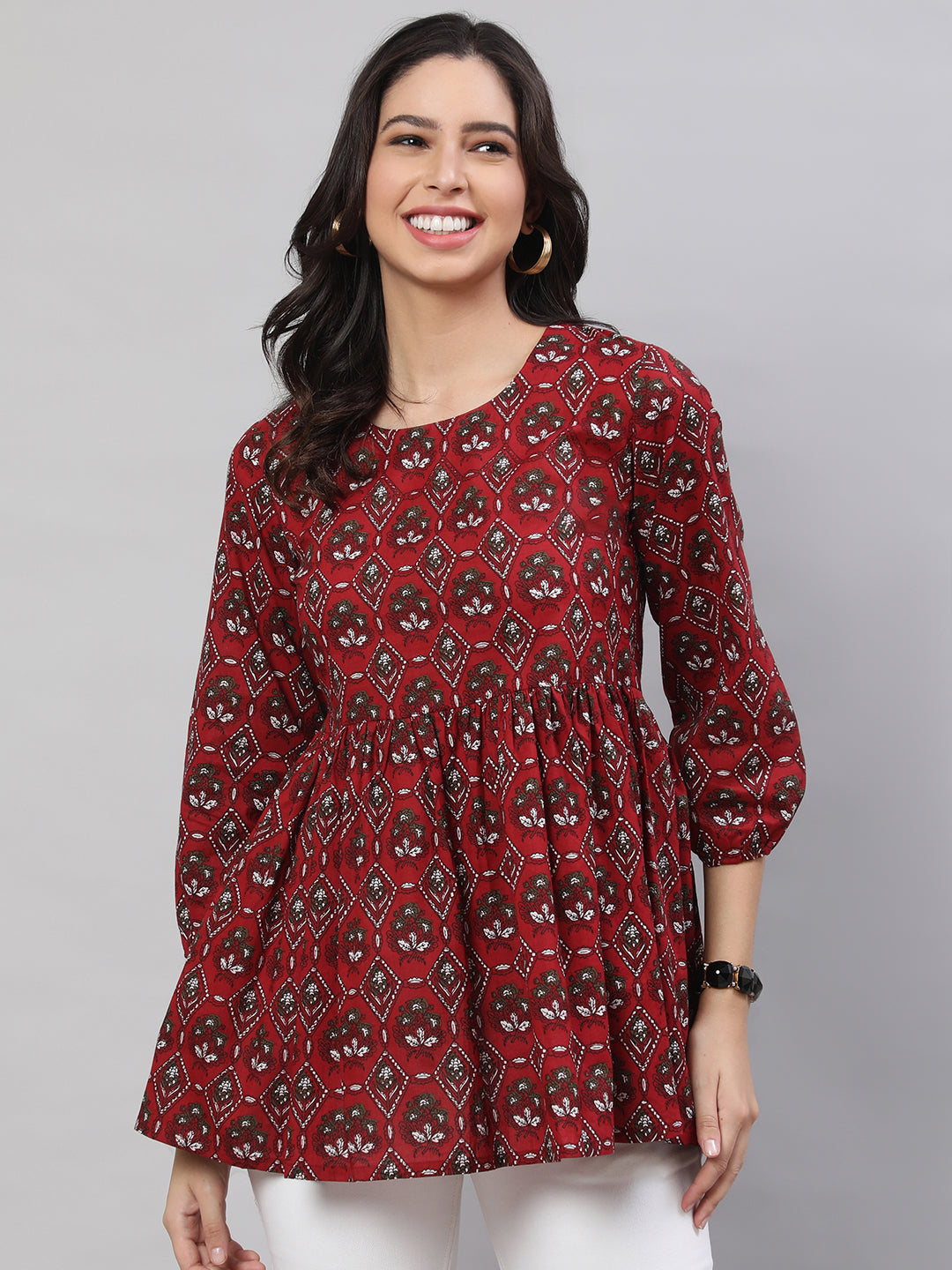 Printed 3/4 Sleeves Regular Pure Cotton  Top