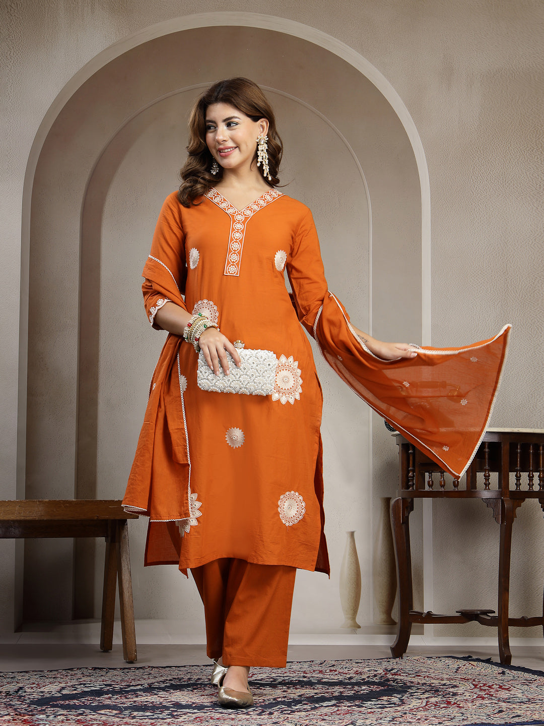 Straight Solid Cotton V-Neck Kurta Set With Dupatta