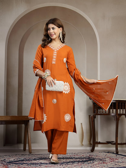 Straight Solid Cotton V-Neck Kurta Set With Dupatta
