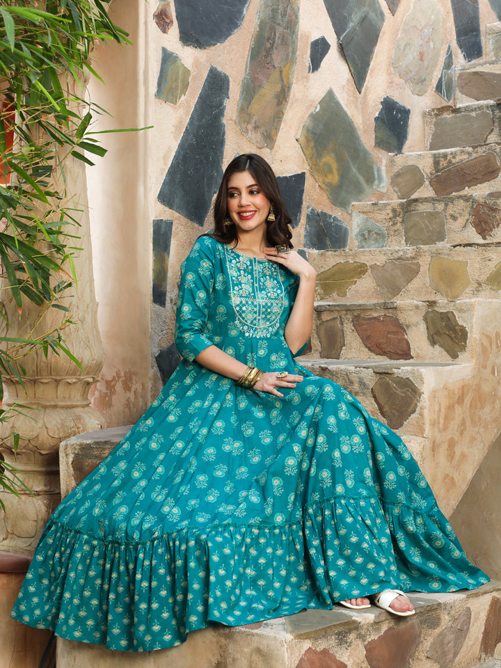 Rayon Ankle Length Printed Flared 3/4 Sleeves Round Neck Kurta