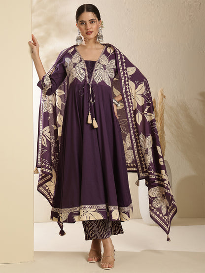 Cotton Calf Length Printed 3/4 Sleeve V-Neck Anarkali Kurta Bottom With Dupatta