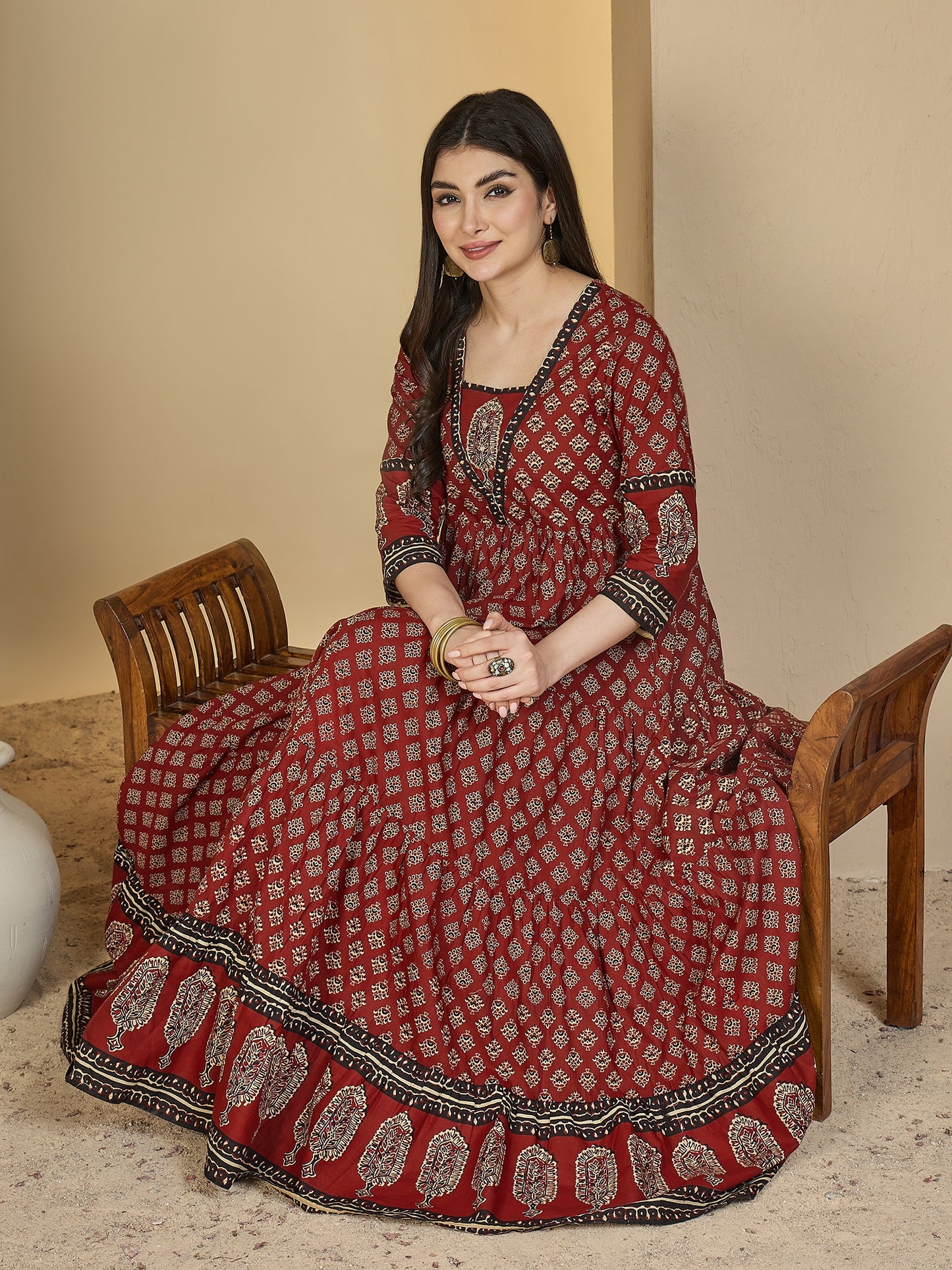 Cotton Ankle Length Printed 3/4 Sleeves V-Neck Anarkali Kurta