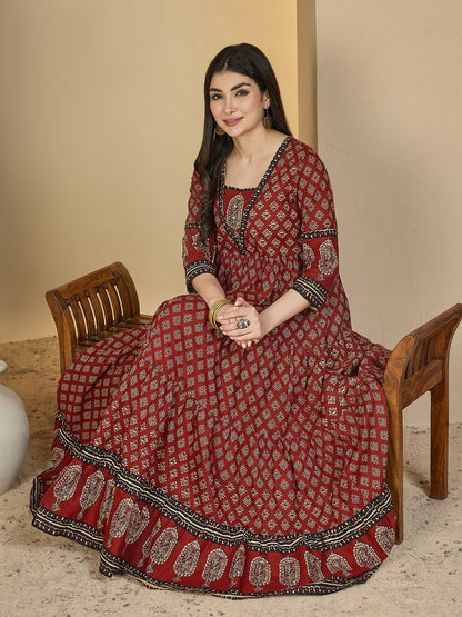 Cotton Ankle Length Printed 3/4 Sleeves V-Neck Anarkali Kurta