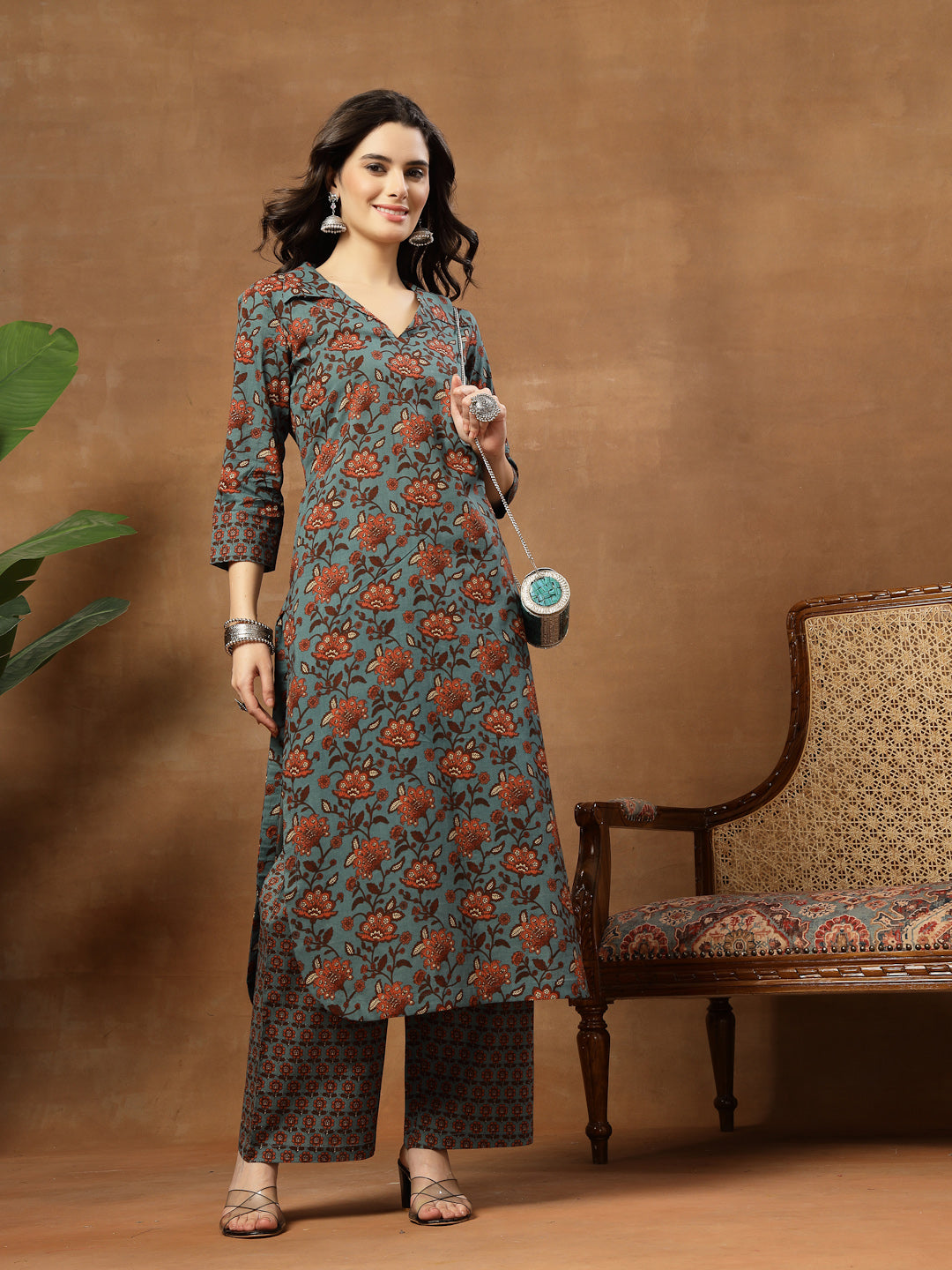 Straight Printed Cotton Shirt Collar Kurta Set