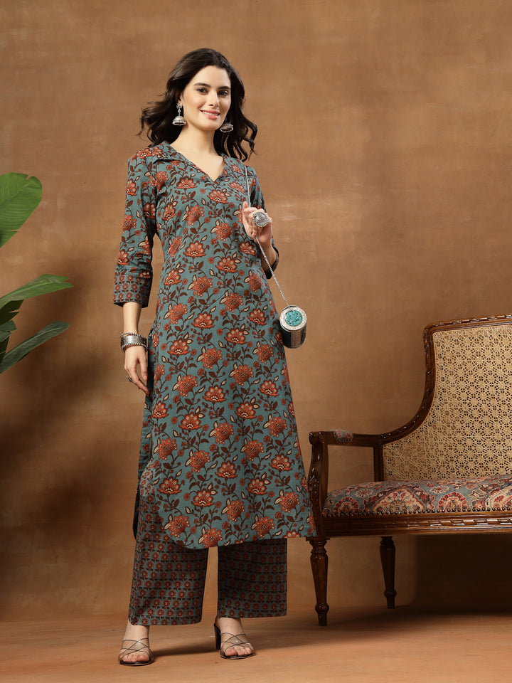 Straight Printed Cotton Shirt Collar Kurta Set
