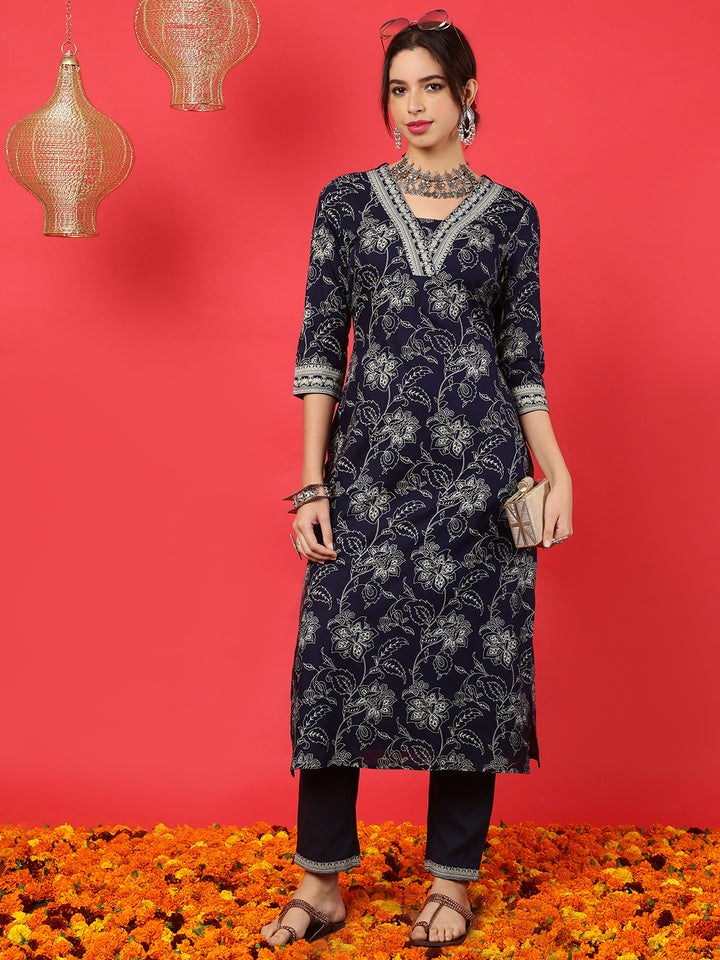 Rayon  Calf Length Printed Straight 3/4 Sleeves V-Neck Kurta Bottom Set