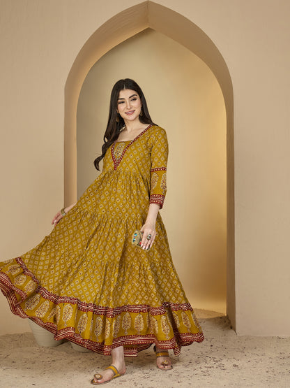 Cotton Ankle Length Printed 3/4 Sleeves V-Neck Anarkali Kurta