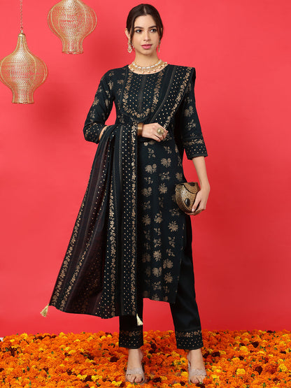 Rayon Calf Length Printed Straight 3/4 Sleeves Round Neck Kurta Bottom Dupatta Set (Preorder)