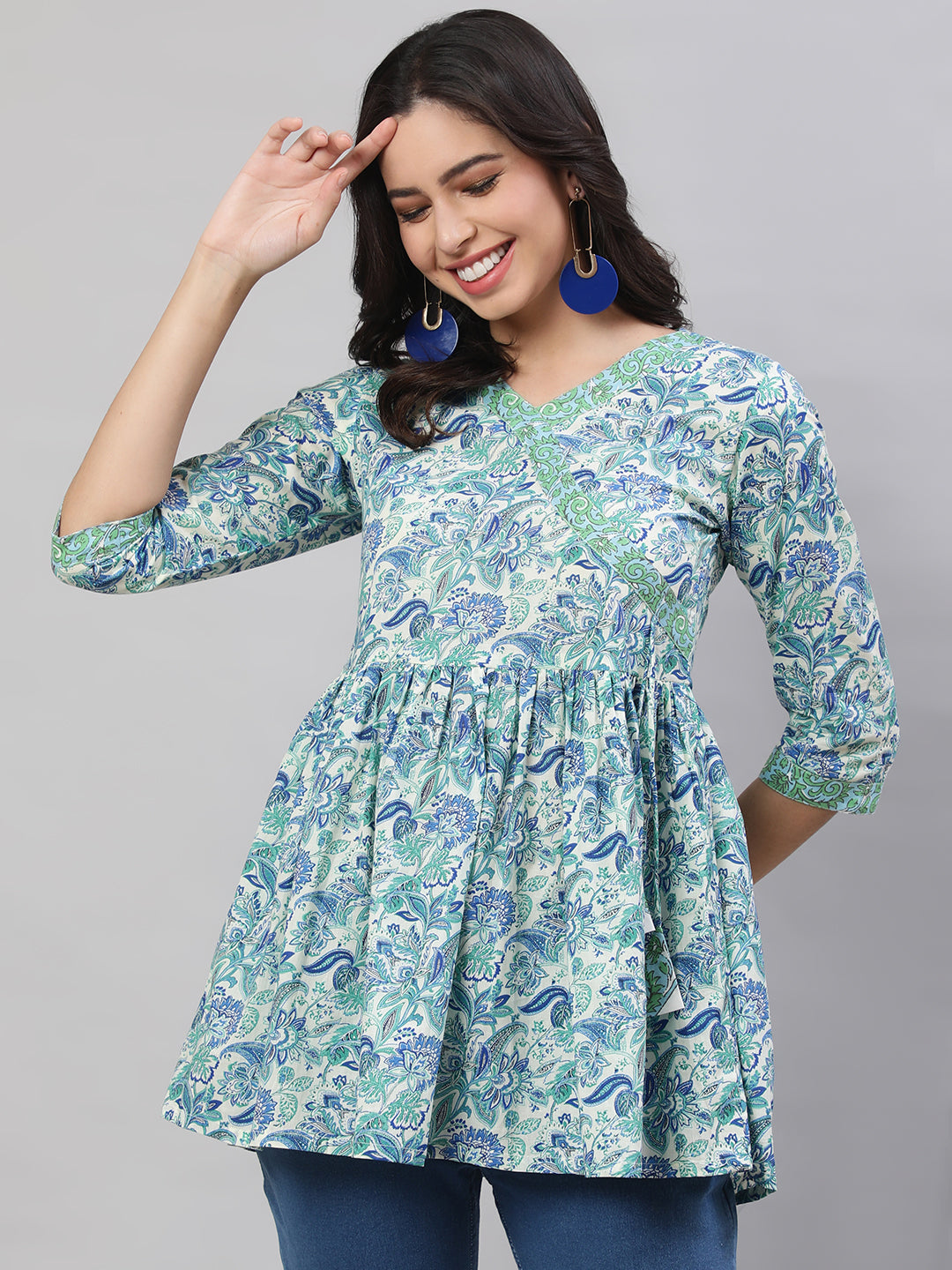 Printed 3/4 Sleeves Regular Pure Cotton  Top