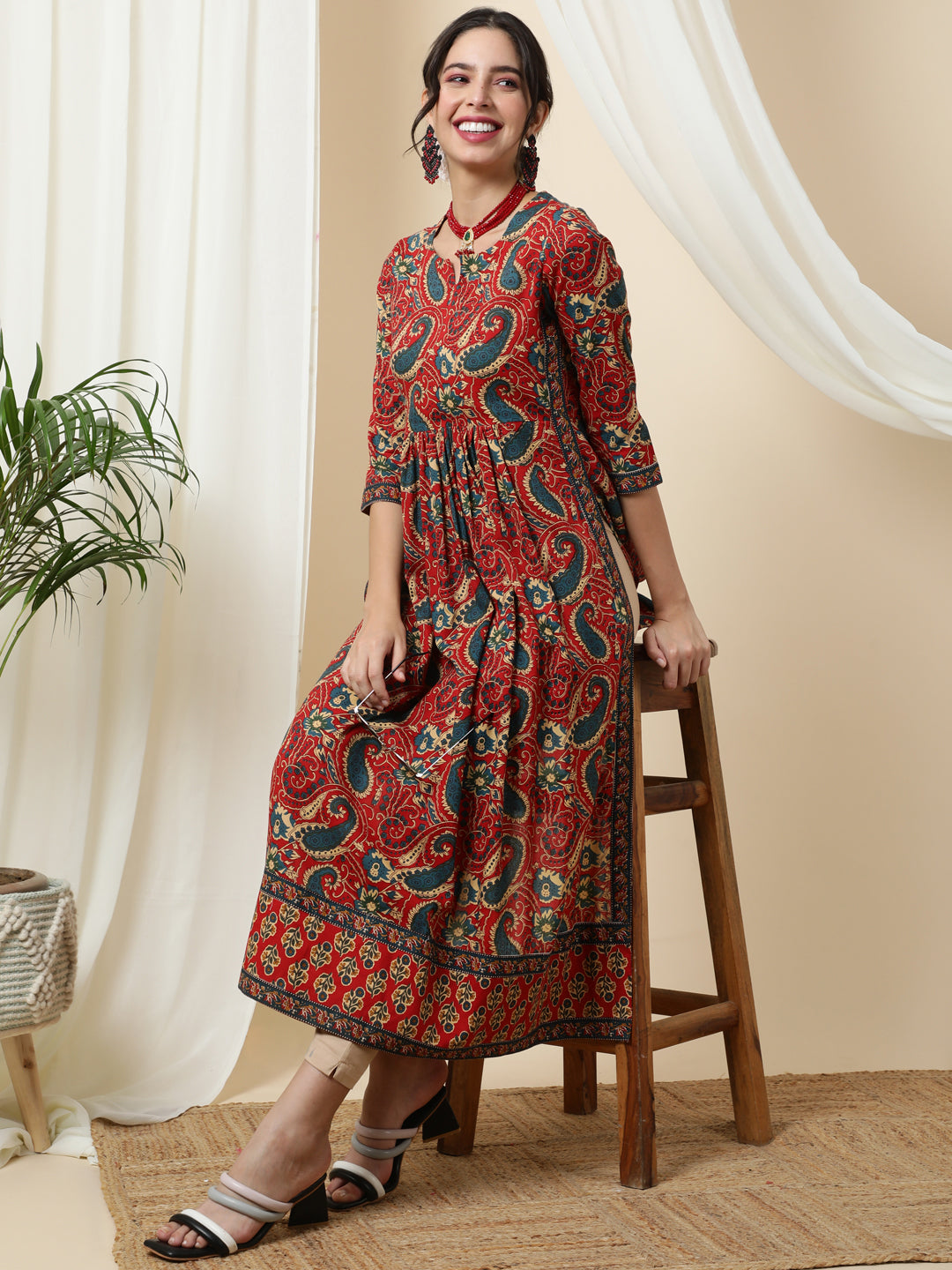 Rayon  Calf Length Printed Semi-Flared 3/4 Sleeves Round Kurta