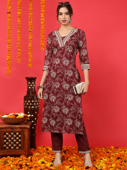 Rayon  Calf Length Printed Straight 3/4 Sleeves V-Neck Kurta Bottom Set