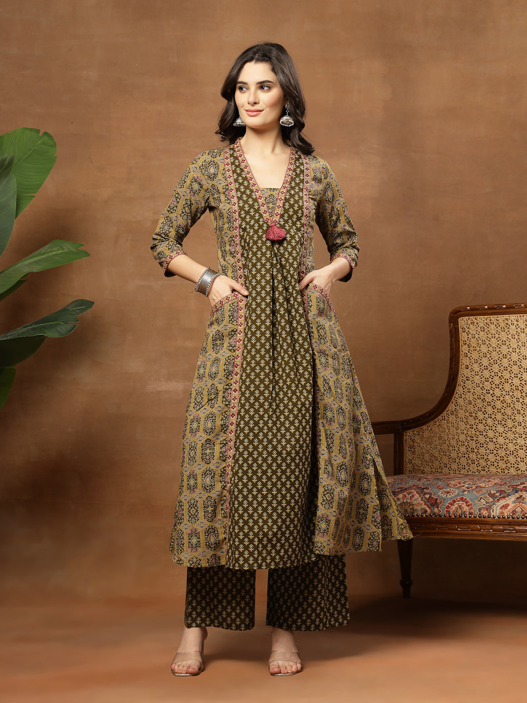 A-Line Printed Cotton V-Neck Kurta Set