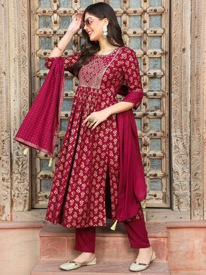 Rayon Calf Length Printed Flared 3/4 Sleeves Round Neck Kurta Bottom Dupatta Set