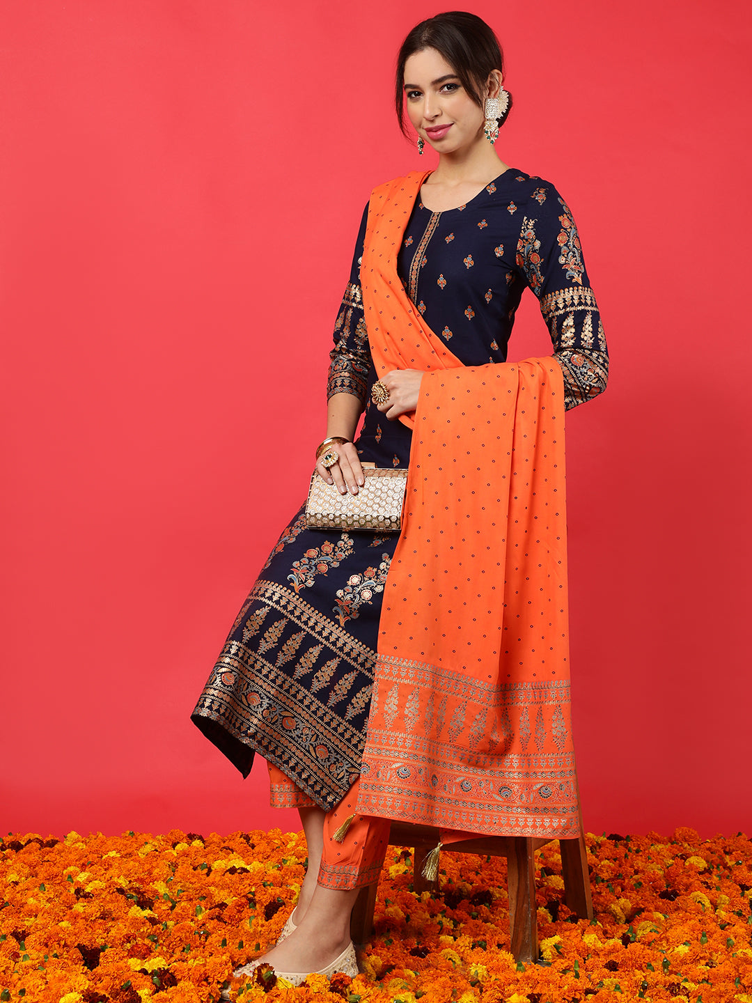 Rayon  Calf Length Printed Straight 3/4 Sleeves Round Kurta Bottom Dupatta Set