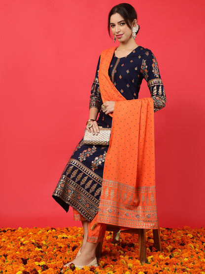 Rayon  Calf Length Printed Straight 3/4 Sleeves Round Kurta Bottom Dupatta Set