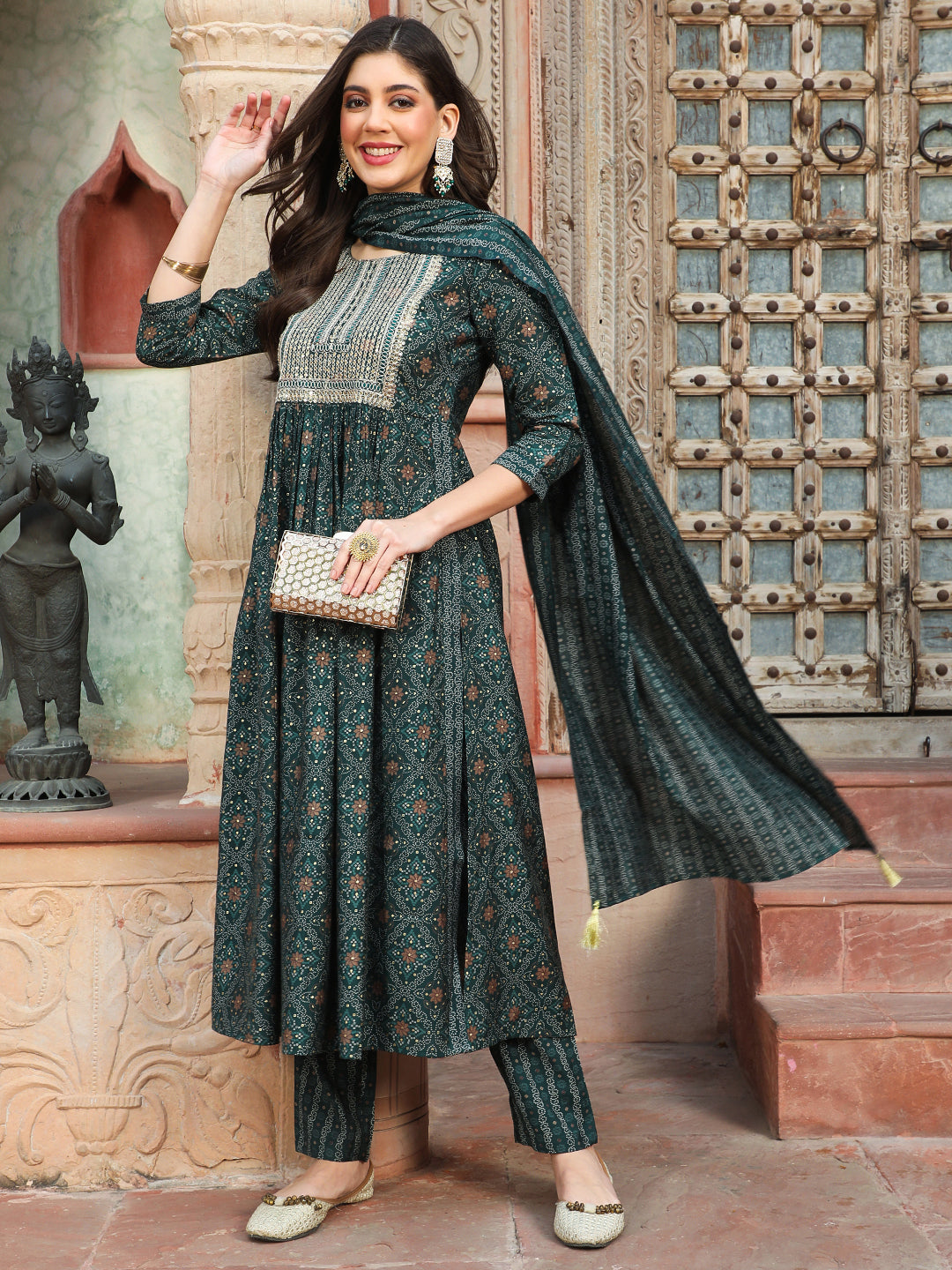 Rayon  Calf Length Printed Semi-Flared 3/4 Sleeves Round Kurta Bottom Dupatta Set