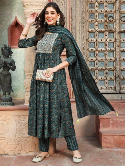 Rayon  Calf Length Printed Semi-Flared 3/4 Sleeves Round Kurta Bottom Dupatta Set