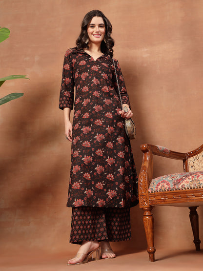 Straight Printed Cotton Shirt Collar Kurta Set