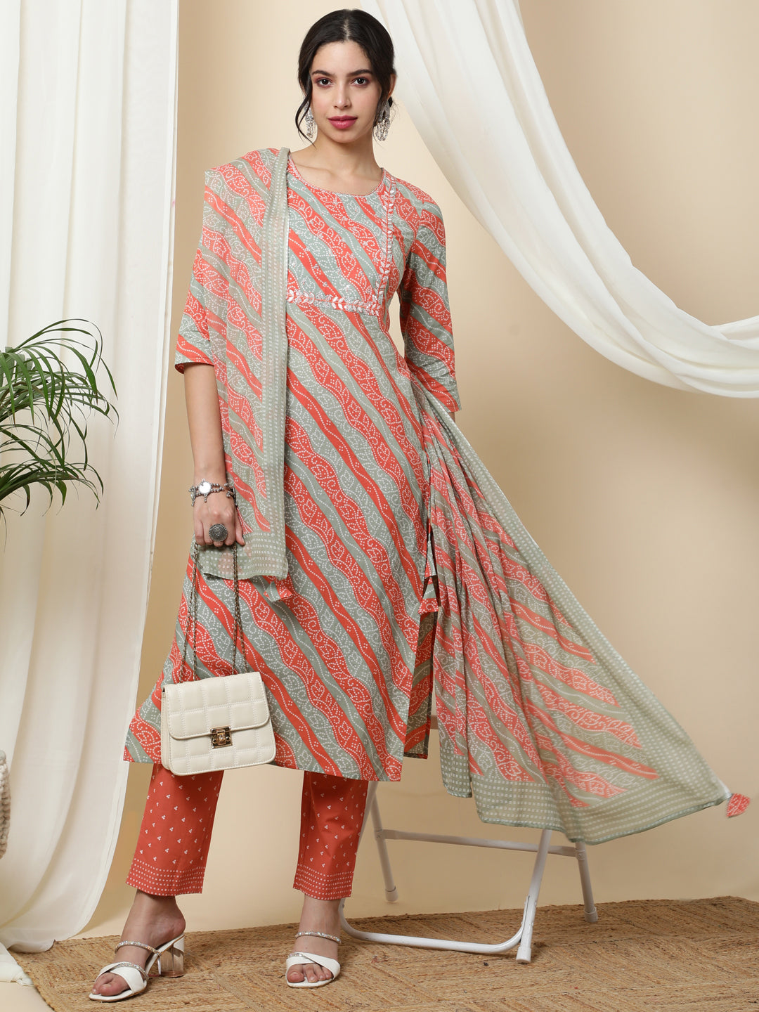 Cotton  Calf Length Printed Straight 3/4 Sleeves Round Kurta Bottom Dupatta Set