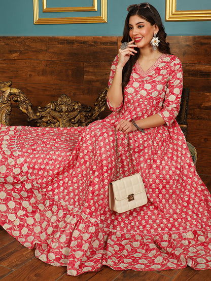 Cotton Ankle Length Printed Flared 3/4 Sleeves V-neck Kurta (Preorder)