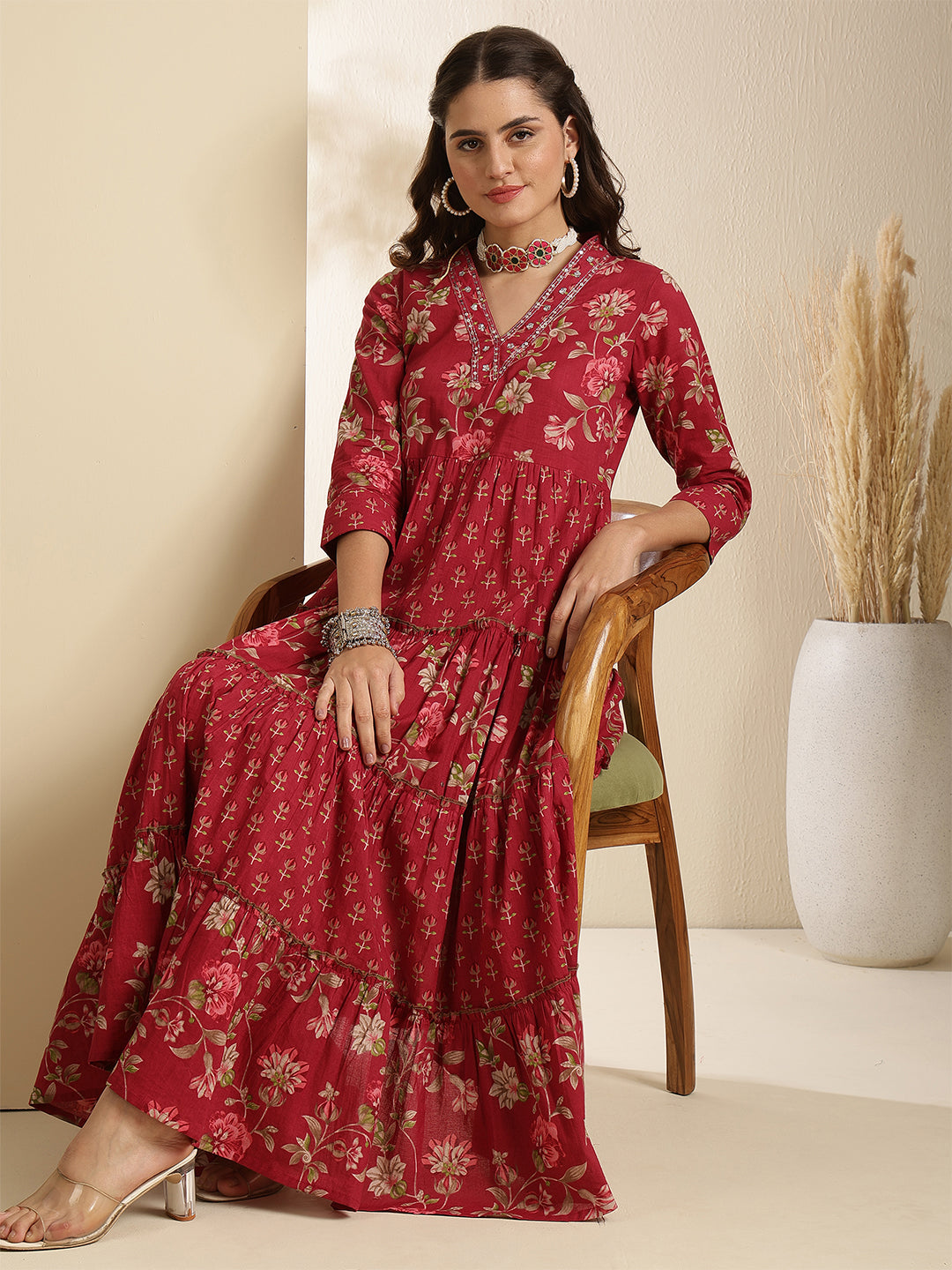 Cotton Calf Length Printed 3/4 Sleeve V-Neck Anarkali Kurta