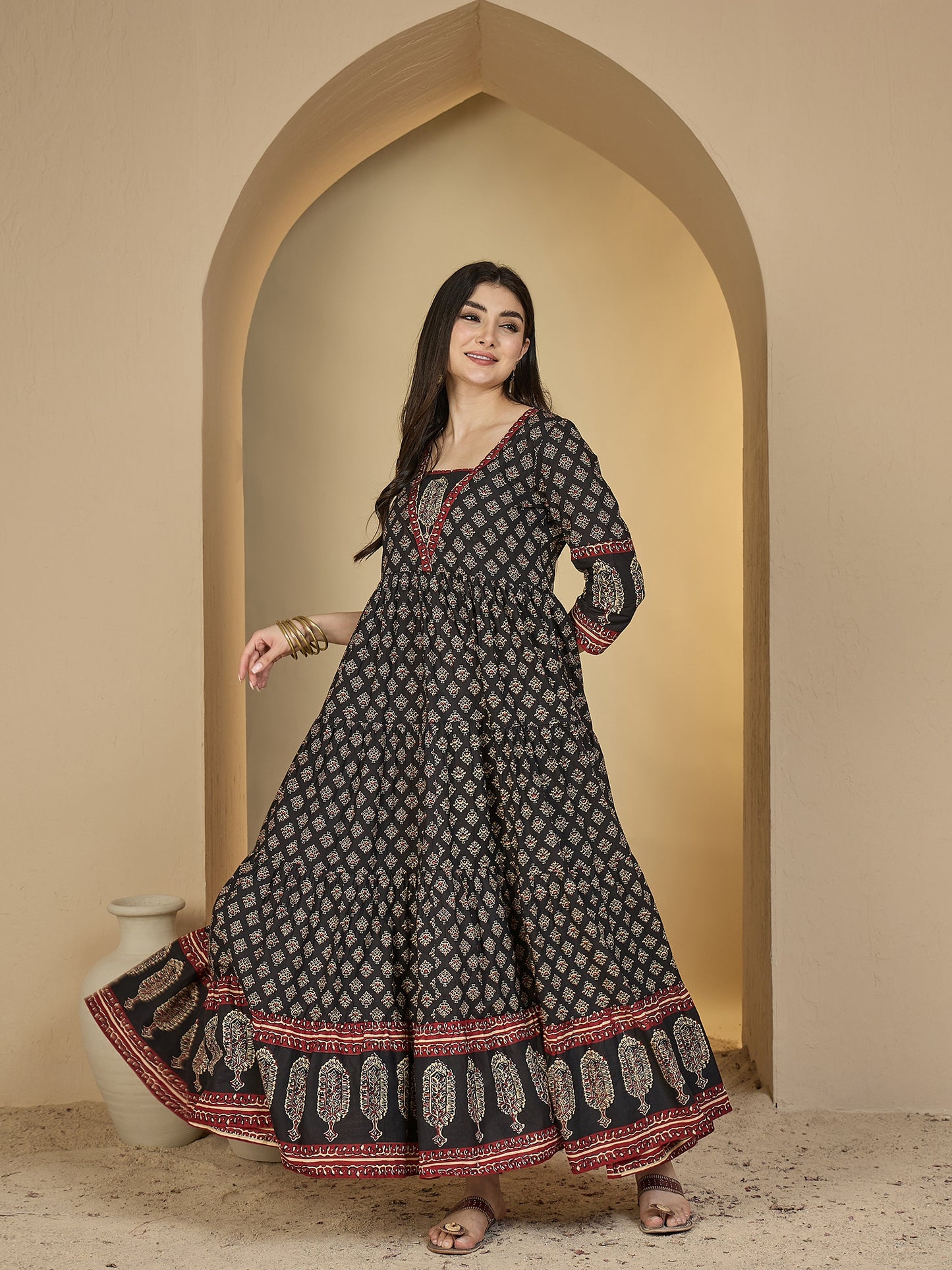 Cotton Ankle Length Printed 3/4 Sleeves V-Neck Anarkali Kurta