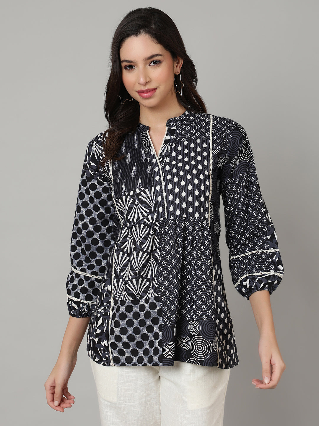 Dark Blue Printed V Neck  Top