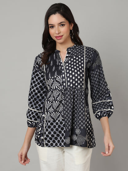 Dark Blue Printed V Neck  Top