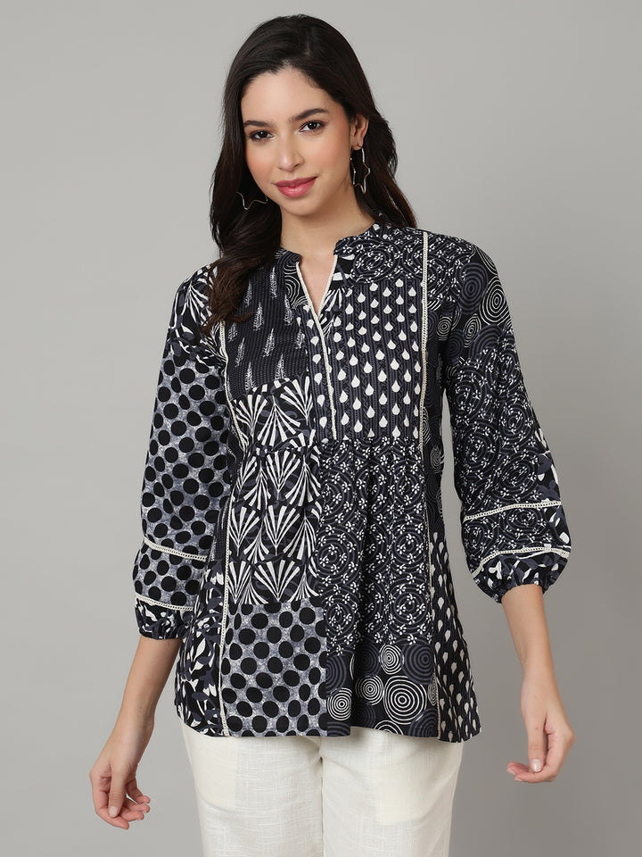 Dark Blue Printed V Neck  Top
