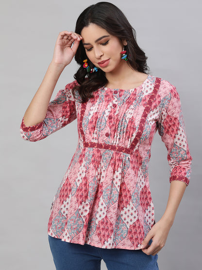 Printed 3/4 Sleeves Regular Pure Cotton  Top