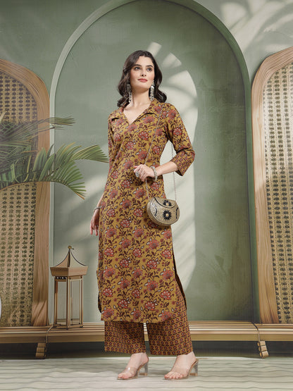 Straight Printed Cotton Shirt Collar Kurta Set