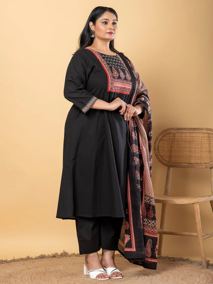 Anarkali Style Cotton Fabric Black Color Kurta And Bottom With Dupatta
