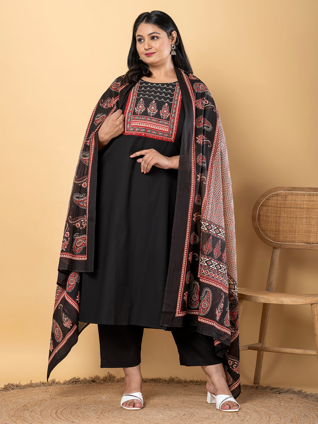 Anarkali Style Cotton Fabric Black Color Kurta And Bottom With Dupatta