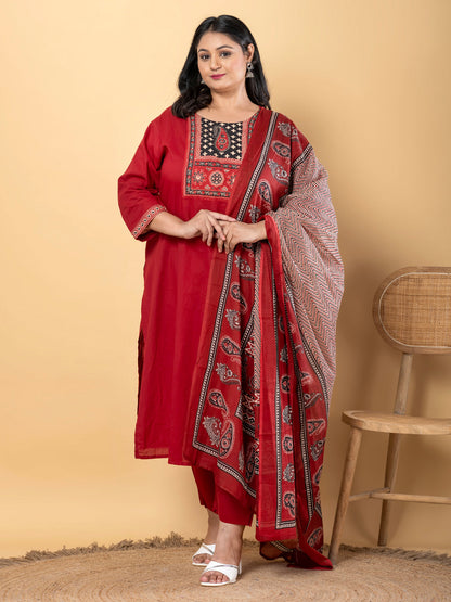 Straight Style Cotton Fabric Maroon Color Kurta And Bottom With Dupatta