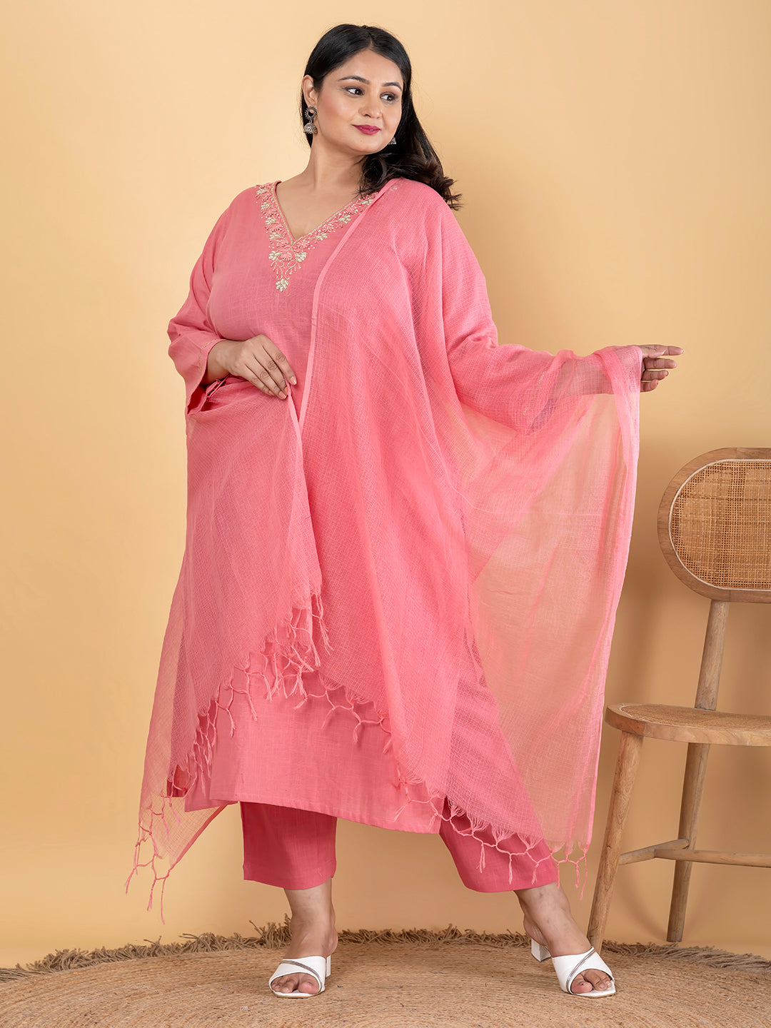 Straight Style Cotton Flex Fabric Peach Color Kurta And Bottom With Dupatta