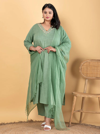Straight Style Cotton Flex Fabric Green Color Kurta And Bottom With Dupatta