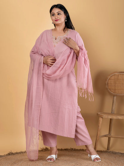 Straight Style Cotton Flex Fabric Mauve Color Kurta And Bottom With Dupatta