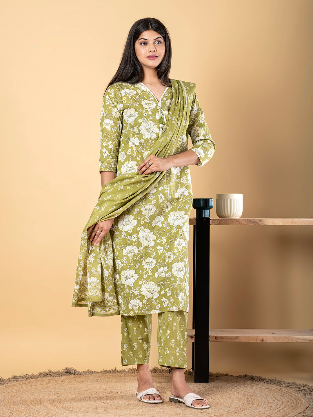 Straight Style Cotton Fabric Green Color Kurta And Bottom With Dupatta