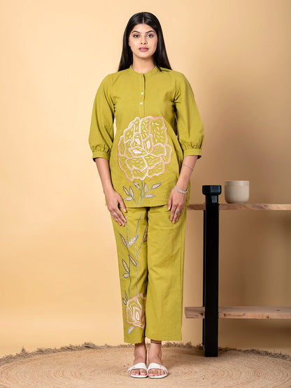 Straight Style Cotton Flex Fabric Green Color Co-Ord Set