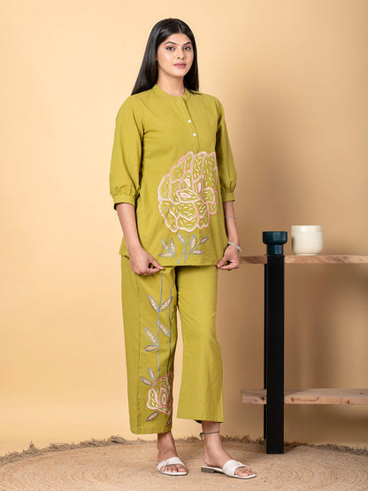 Straight Style Cotton Flex Fabric Green Color Co-Ord Set